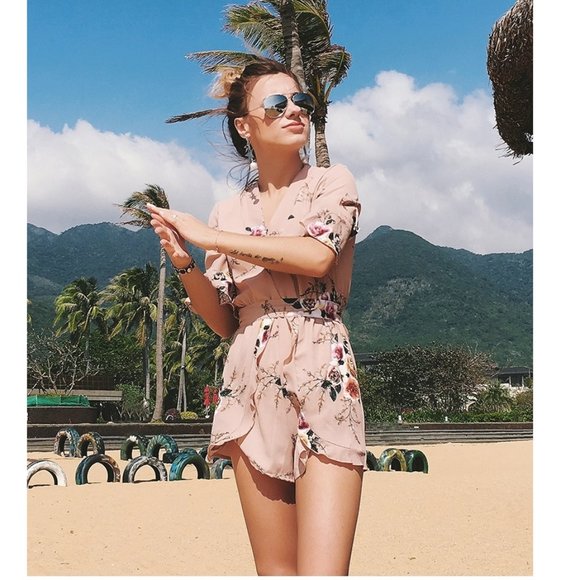 Flirty Floral Romper in Mocha - Belted - Floral California Romper - Picture 7 of 14